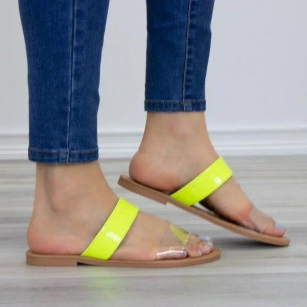 Neon Yellow Clear Transpare Strap Flat Sandals